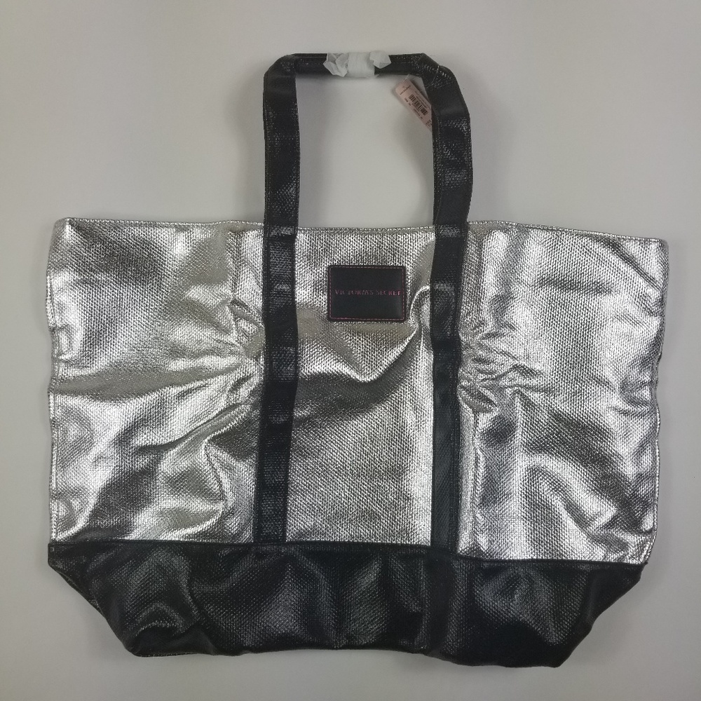 Victoria's Secret Metallic Silver/Black Weekender Tote Bag - NWT